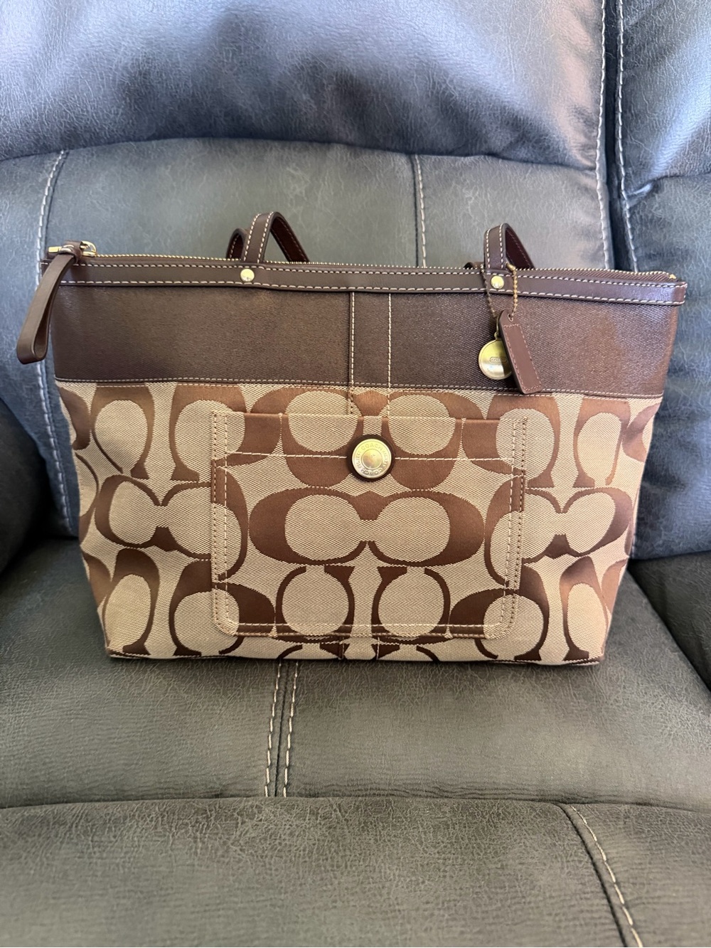 Coach Brown Signature Canvas Tote with Front Pocket and Leather Trim